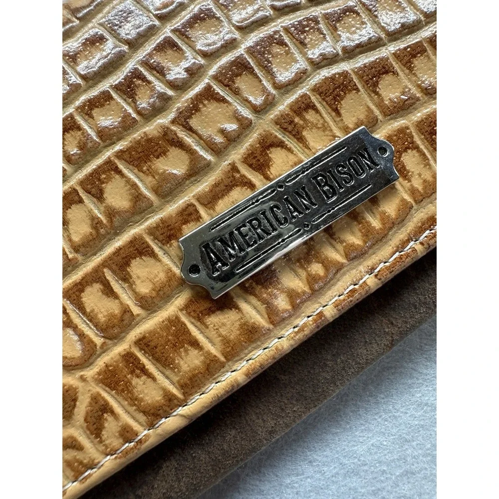 American Bison Leather Wallet with Tan Crocodile Pattern Flap Pockets New Other